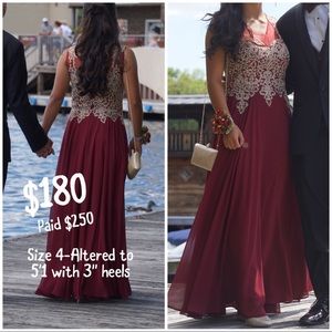 Burgundy Prom Dress with Gold Embellishment